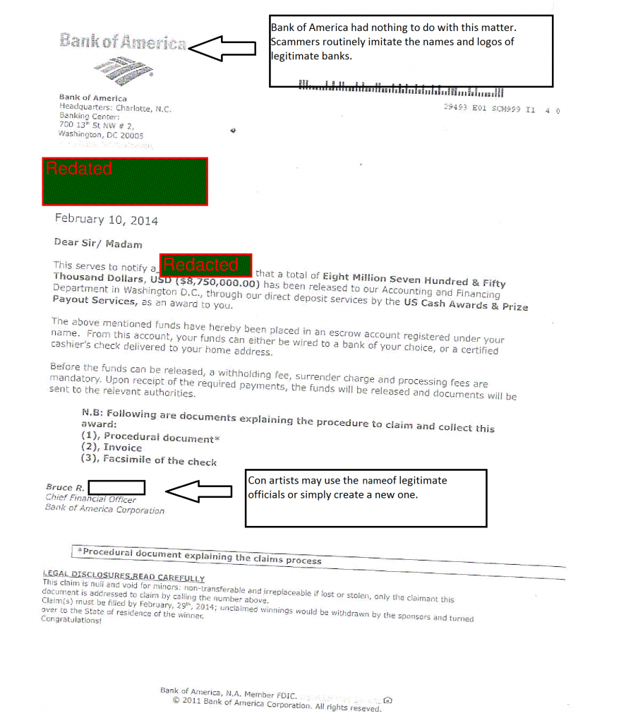 Bank Of America Letter Scams