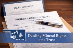 Illustration showing the transfer of Oklahoma mineral interests into a trust using a deed, with an Oklahoma state outline, deed document, and oil derrick.
