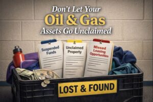 Lost and found box representing unclaimed oil and gas mineral interests, suspended royalty funds, unclaimed property, and missed leasing opportunities.