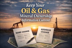Legal documents for name and address changes on a map with Oklahoma oil rigs in the background.