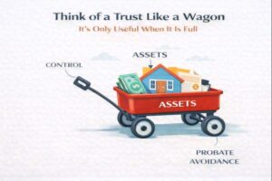 An illustration of a red "Trust Wagon" filled with assets like a house, money, and legal documents. The image labels the handle as "Control," the bucket as "Assets," and the wheels as "Probate Avoidance," with the headline "Think of a Trust Like a Wagon: It's Only Useful When It Is Full."