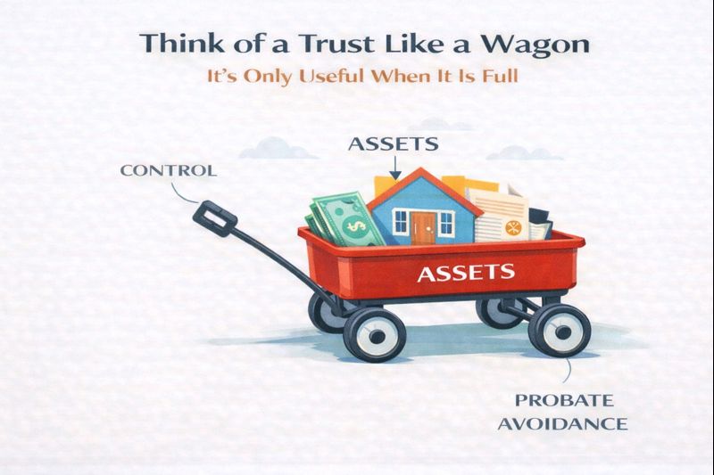 An illustration of a red "Trust Wagon" filled with assets like a house, money, and legal documents. The image labels the handle as "Control," the bucket as "Assets," and the wheels as "Probate Avoidance," with the headline "Think of a Trust Like a Wagon: It's Only Useful When It Is Full."