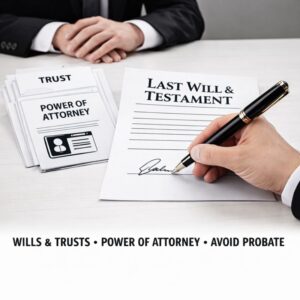 A person signing a Last Will and Testament document at a desk, with a stack of Trust and Power of Attorney documents nearby. The image features a banner at the bottom that reads 