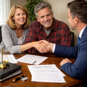 A relaxed couple smiling after signing their legal documents at an Oklahoma estate planning law firm.