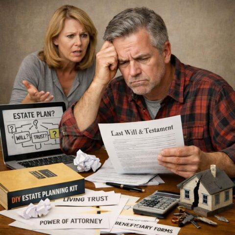 Frustrated couple reviewing DIY estate planning handbooks and legal forms on a computer.