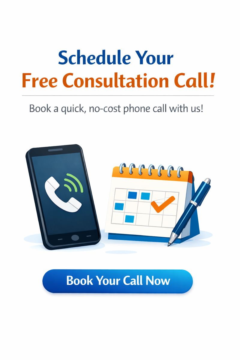Schedule a free consultation call with a simple online calendar and phone icon inviting visitors to book a no-cost telephone appointment.