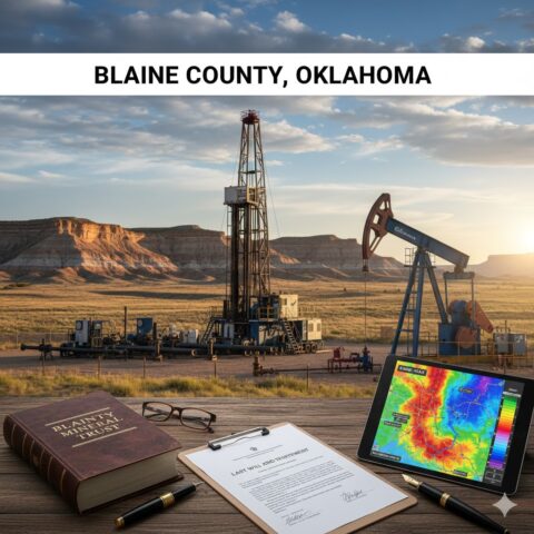 Drilling rig in front of low mesa geological formations in Blaine County, Oklahoma, with legal documents for mineral probate and trust funding.
