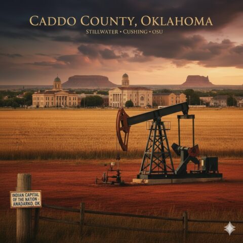 An oil pumpjack in the foreground with the Anadarko landscape and Caddo County landmarks in the background, representing mineral rights probate and the SCOOP play.