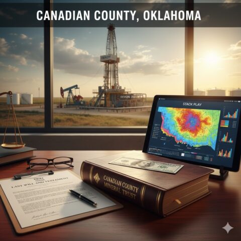 Horizontal drilling rig in Canadian County Oklahoma STACK play with legal trust and probate documents.