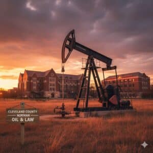 An oil pumpjack in a suburban field near Norman, Oklahoma, representing Cleveland County mineral rights and the transition from historic fields to modern plays. Probate Services