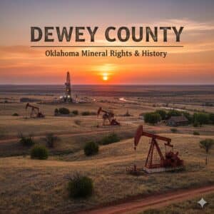Oil pumpjacks and a drilling rig on the rolling plains of Dewey County, Oklahoma at sunset, representing mineral rights and probate law.