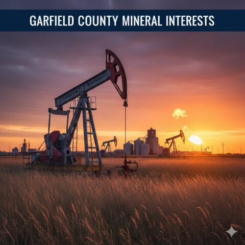 Artistic rendering of Garfield County, Oklahoma landscape with oil pumpjacks, representing mineral interest title clearance in the Mississippian Lime and Woodford formations.