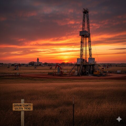 Modern horizontal drilling rig in the SCOOP play of Garvin County, Oklahoma, representing mineral rights probate and the Golden Trend.