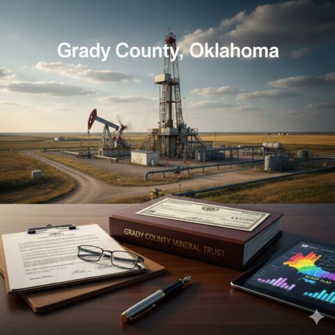 Oil and gas drilling rig in Grady County, Oklahoma with legal documents for mineral trust funding.