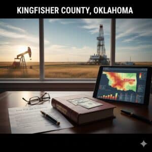 Active oil rig in the Kingfisher County STACK play near the Chisholm Trail, with mineral trust and probate legal documents in the foreground.