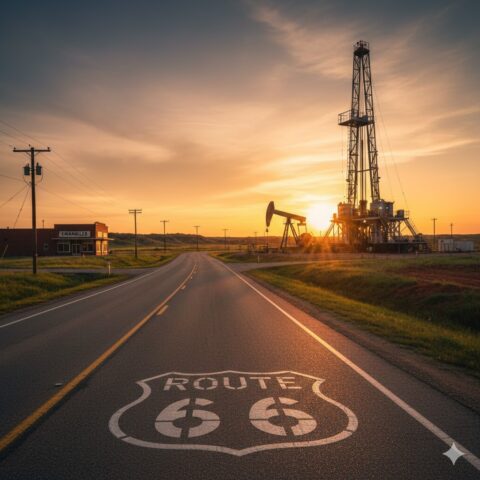 Modern oil rig operating near the historic Route 66 highway in Lincoln County, Oklahoma, symbolizing mineral rights probate and out-of-state heir legal services.