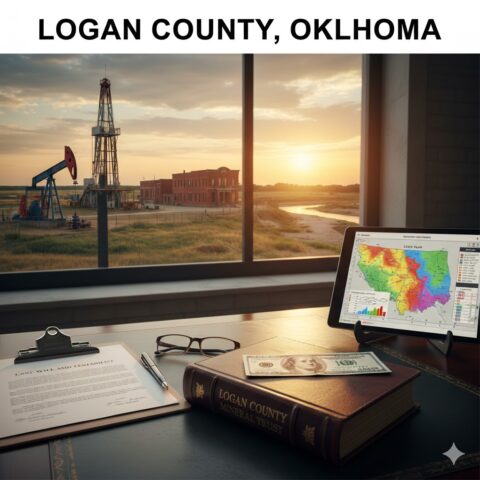 Modern horizontal oil rig in Logan County Oklahoma near historic Guthrie downtown buildings, symbolizing mineral rights probate and trust funding.