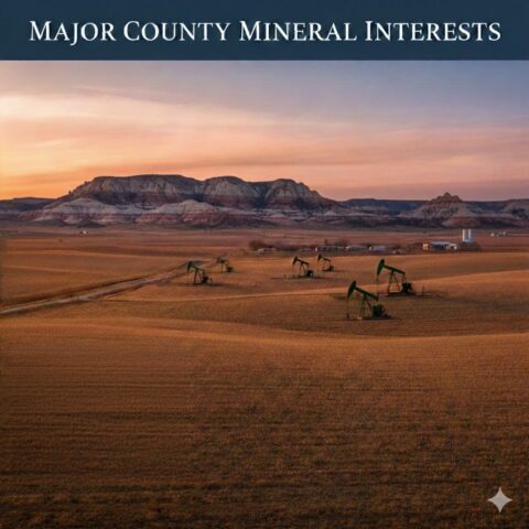 Artistic rendering of the Gloss Mountains near Fairview, Oklahoma, featuring oil pumpjacks to represent Major County mineral interests and STACK play production.