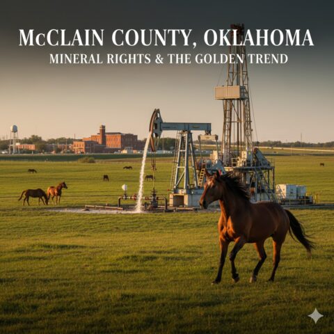 A drilling rig operating in a McClain County pasture with horses grazing, representing mineral rights probate, trust funding, and the Purcell Oklahoma equine industry.