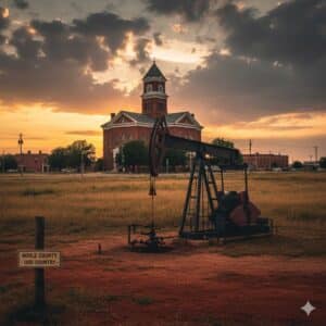 "An oil rig near the historic Noble County Courthouse in Perry, OK, illustrating mineral probate services."