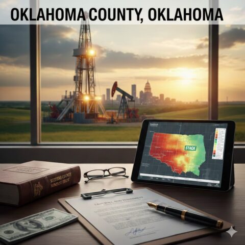 Modern oil and gas production in Oklahoma County, featuring a clean drilling rig representing urban mineral rights, probate, and title curative services.