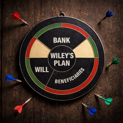Infographic of a dartboard representing a failed Oklahoma estate plan where beneficiary forms and a Will missed the target, causing a step-child to be disinherited.