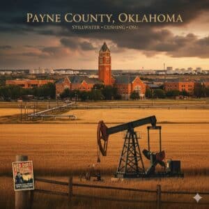 A drilling rig set against a background inspired by the Oklahoma State University campus and the Cushing oil hub, representing Payne County mineral rights and probate services.