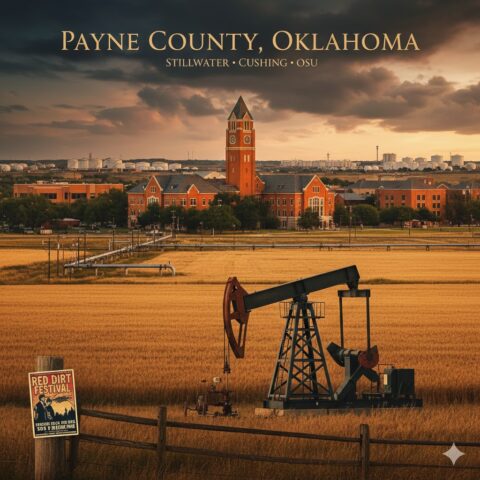 A drilling rig set against a background inspired by the Oklahoma State University campus and the Cushing oil hub, representing Payne County mineral rights and probate services.