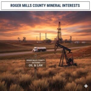 Artistic rendering of US Highway 283 in Roger Mills County, Oklahoma, showing rolling red hills and oil pumpjacks, representing Anadarko Basin mineral interests.