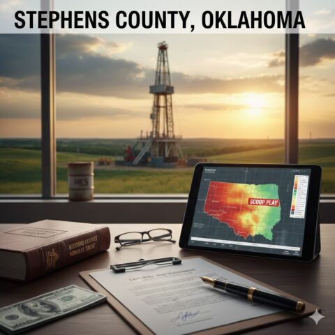 Modern horizontal drilling rig in the Stephens County SCOOP play near Duncan, Oklahoma, with legal documents for mineral probate and trust funding.