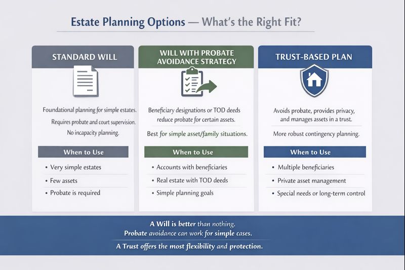 Infographic comparing a standard will, a will with probate avoidance strategies, and a trust-based estate plan, showing when each option is most appropriate.